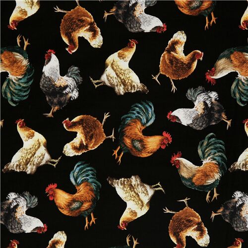 Black hen rooster chicken Timeless Treasures farm life fabric Fabric