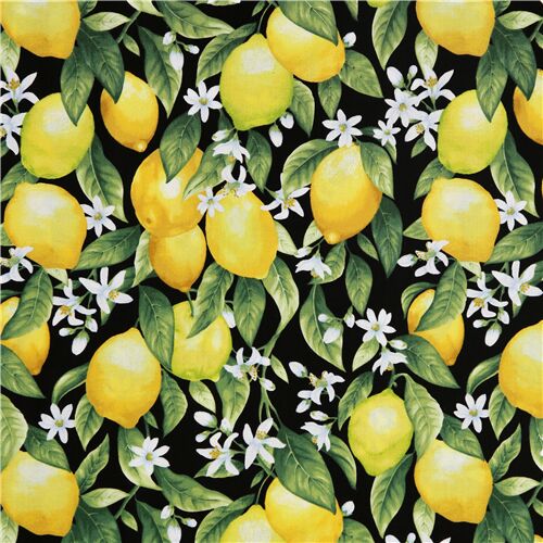 tessuto nero natura limoni albero foglie fiori Timeless Treasures Tessuto