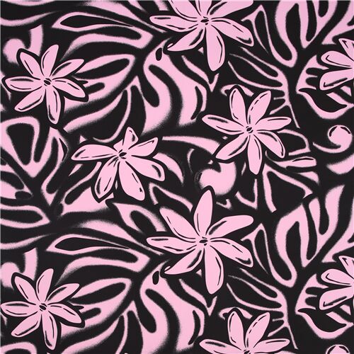 Tissu noir avec des fleurs tropicales rose fluo Tissu