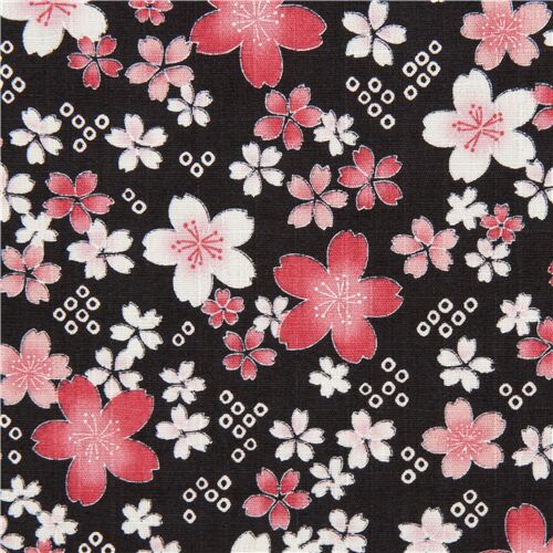 Tissu Dobby noir avec des fleurs de sakura roses, import du Japon Tissu