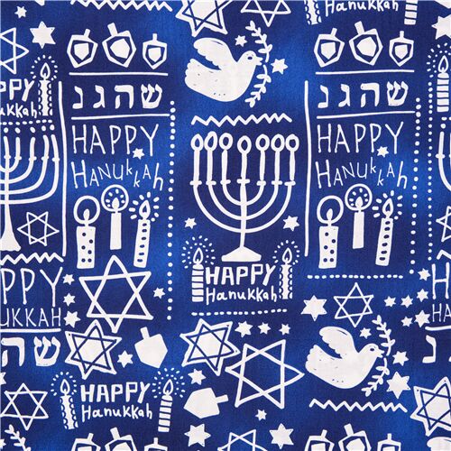 Tela azul con adornos navideños judíos con texto de estrellas Tela