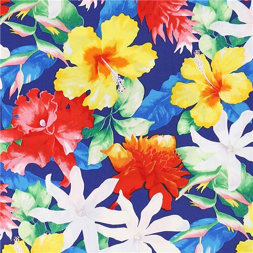Tissu bleu fleurs hawaïennes tropicales arc-en-ciel Tissu