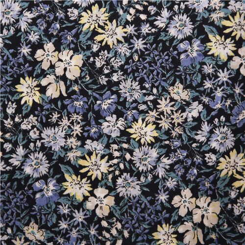 Tissu linon en coton bleu avec des petites fleurs de jardin Tissu