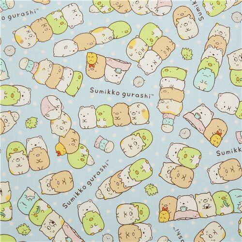Tissu Oxford Kokka bleu avec pleins de Sumikkogurashi en ranges, des pois Tissu