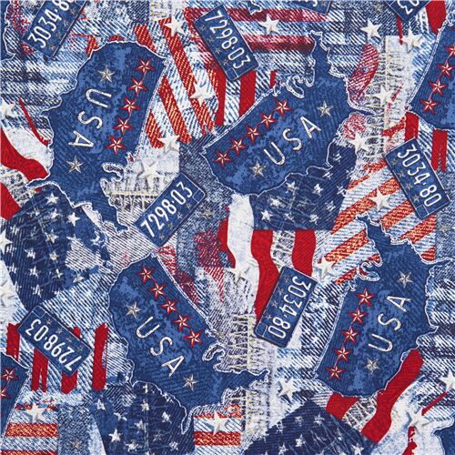Denim Look Patriotic Flag Maps Fabric