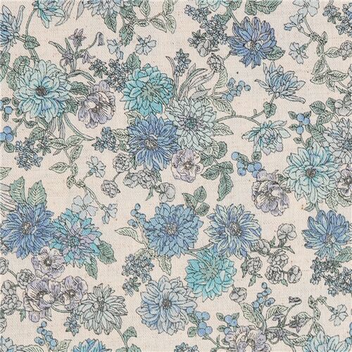 Toile à drap floral en coton en coloris naturel à fleurs bleues Tissu
