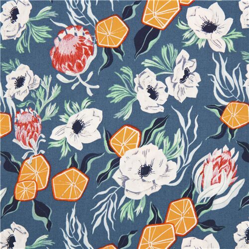 Blauer Blumenstoff mit weiß-roten Blumen und Orangen auf Baumwolle Stoff