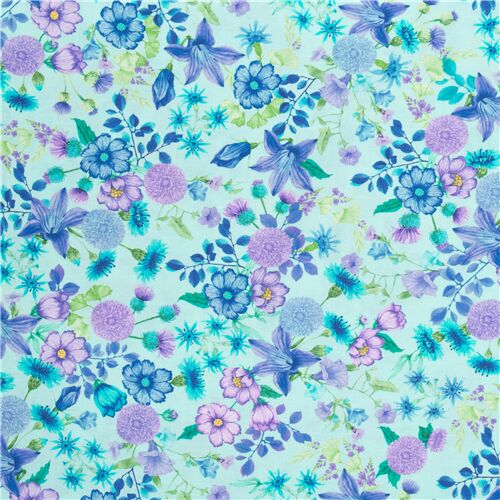 tessuto blu fiori rosa viola viola celeste acqua Tessuto