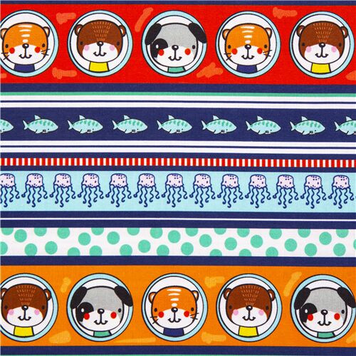 Tissu  bandes rouges bleues orange avec des animaux dans la mer Tissu
