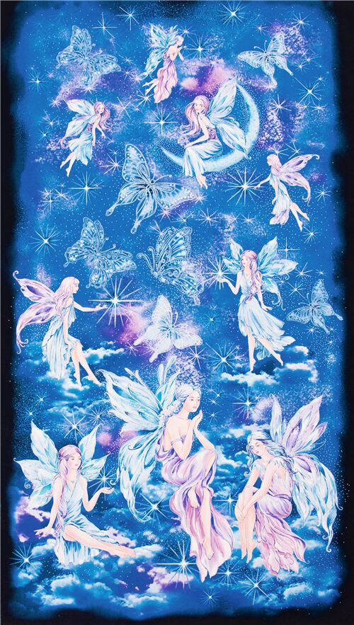Tissu à panneaux bleu violet fées et papillons à paillettes Tissu