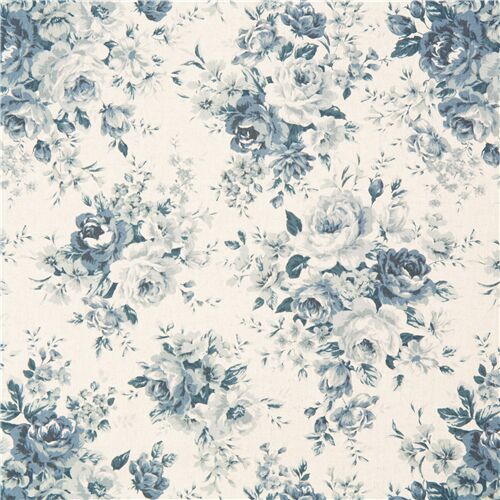 Blaue Rosen in Struen auf naturfarbenem Canvas-Stoff aus Japan Stoff