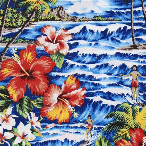 Tissu hawaen Trans-Pacific Textiles bleu surf avec des fleurs rouges Tissu