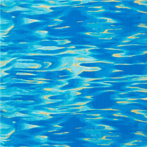 tessuto acqua blu decorazioni dorate cotone Tessuto