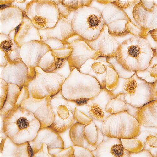 tessuto teste spicchi aglio ortaggi cotone beige Tessuto