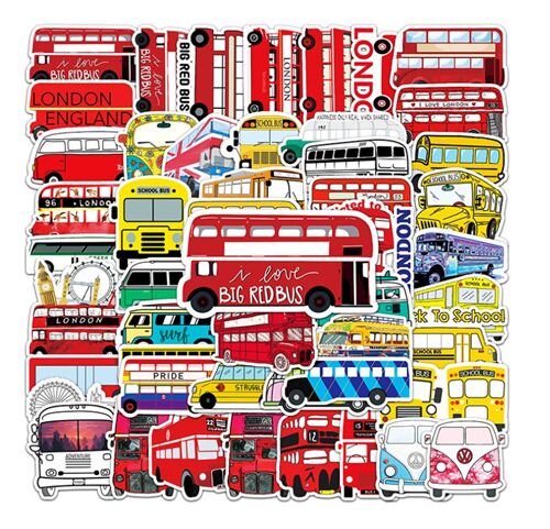 Bus 50 unique designs diecut stickers schoolbus London red vintage transport 5