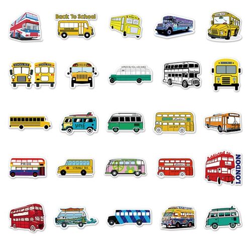 Bus 50 unique designs diecut stickers schoolbus London red vintage transport 7