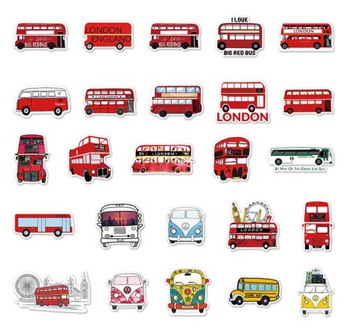 Bus 50 unique designs diecut stickers schoolbus London red vintage transport 8