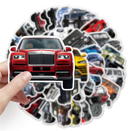 Autocollants d�coup�s � la forme de conceptions uniques de voiture 50 par paquet 4 roues motrices MP 3