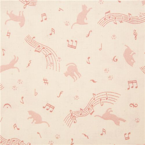 Tissu en coton au coloris naturel avec des chat et des notes de musique roses Tissu