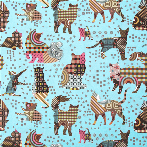 Cat silhouette patchwork USA light blue cotton colourful patterns Fabric