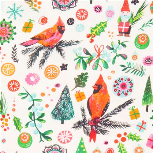 Tissu de Nol Dear Stella oiseaux cardinaux, nains, cadeaux, etc. Tissu