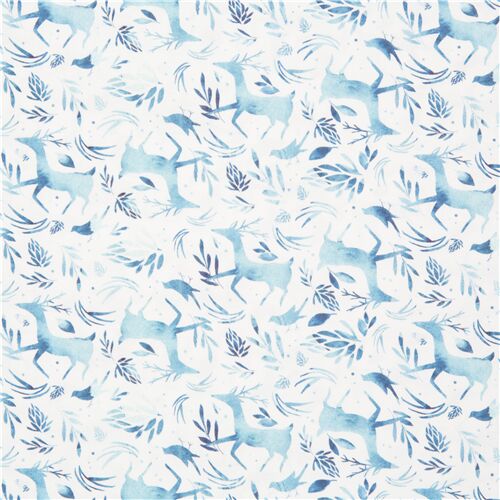 Tissu de Nol avec des rennes bleu clair et blanc Tissu