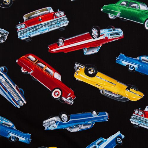 Tela negra coches americanos retro de colores Timeless Treasures Tela