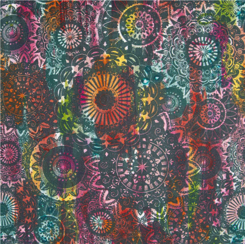 Bunter runder Mandala-Stoff aus Baumwolle mit meditativem Muster indigo Stoff