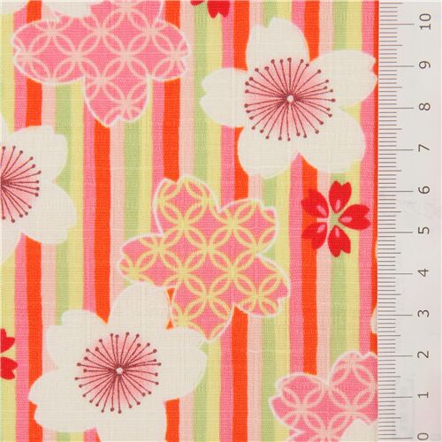 Resto de (49 x 112 cm) - Cosmo tela tramada dobby con estampado de rayas y flores de cerezo sakura 2