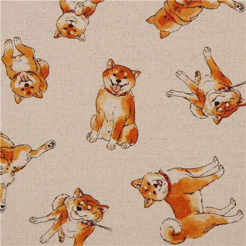 Tela de lona de color natural con perros japoneses shiba inu de Cosmo Tela