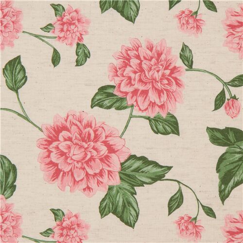 Cosmo natural color cotton-linen fabric with pink retro flowers Fabric