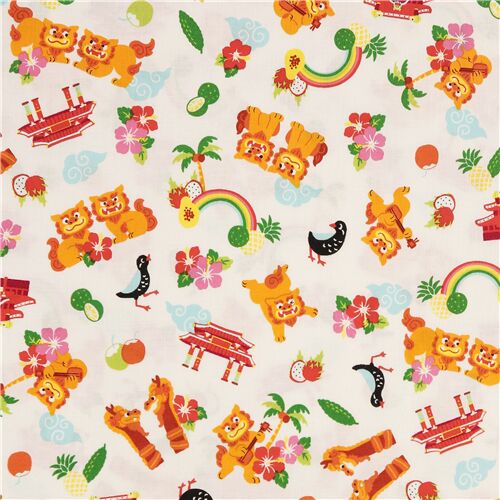 Tumbling Lion-Dogs Rainbow Flower Temple Fabric