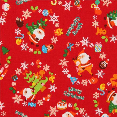 Cosmo red Christmas fabric with tossed Santa pattern Fabric
