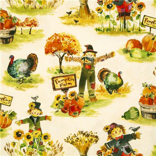 Tissu crme avec des rcoltes, des pouvantails, des citrouilles, des dindes Tissu