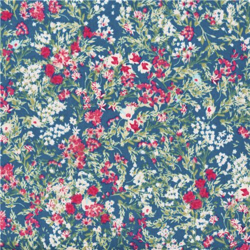 Tissu linon en coton bleu fonc fleurs blanches roses rouges artistiques Tissu