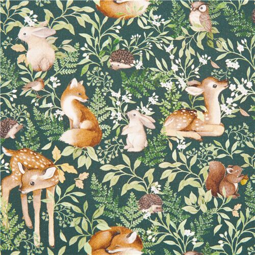 Remnant (43 x 112 cm) - Dark green cotton fabric Dear Stella hedgehog squirrel rabbit owl robin fox