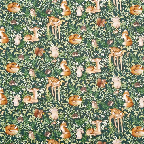 Remnant (43 x 112 cm) - Dark green cotton fabric Dear Stella hedgehog squirrel rabbit owl robin fox 2