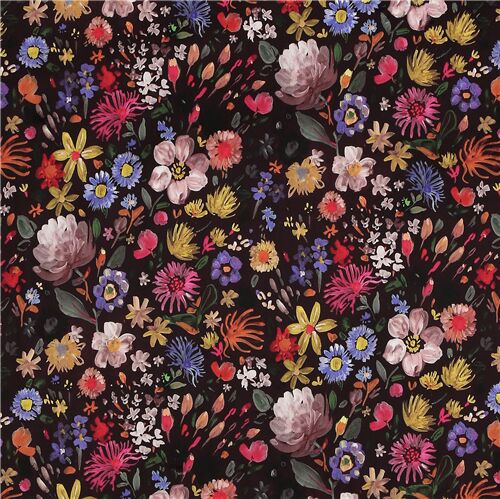 schwarz extra breit weich Minky Stoff blumig braun lila gelb rosa Stoff