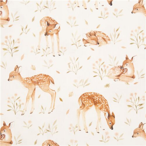 Tissu crème Dear Stella avec des faons dessinés, des fleurs et des feuilles Tissu