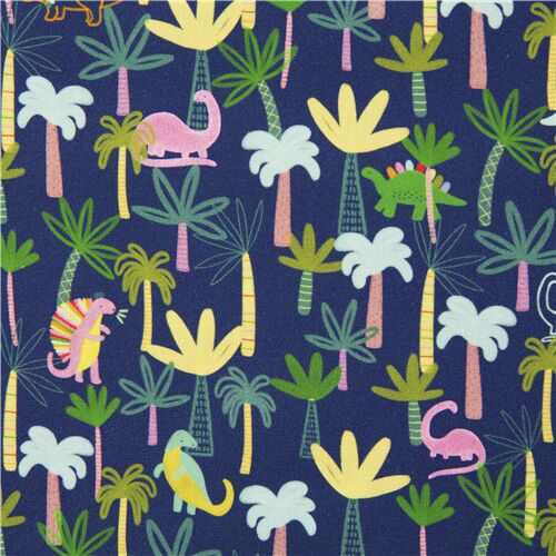 Tissus en coton bleu foncé dinosaures et arbres multicolores Tissu