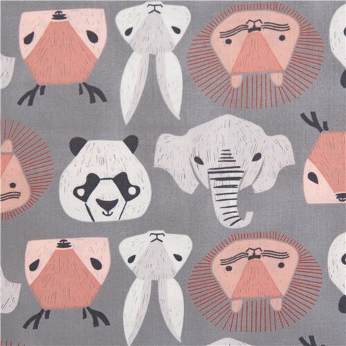 tessuto grigio flanella elefanti leoni panda teste Tessuto