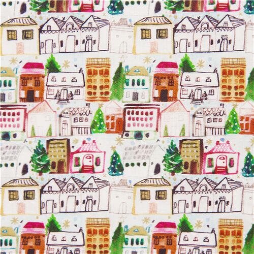 Tissu en coton bleu clair avec des villages d'hiver multicolores, Noël Tissu