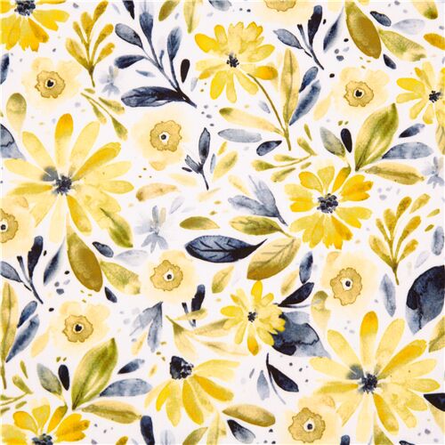 tela floral minky blanca con motivos de flores amarillas y hojas Tela