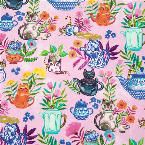 Dear Stella tela rosa pastel con teteras gatos y flores Tela