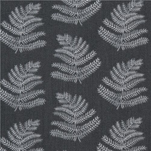 Tissu en coton gris avec des fougres blanches Tissu