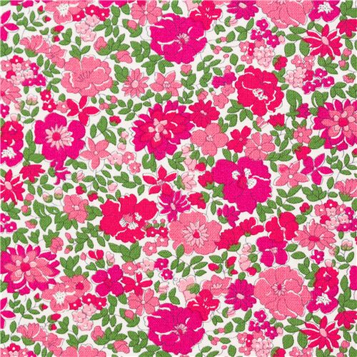 Tela de algodn blanca con flores rojas y rosas de hojas verdes Liberty Fabrics Tela