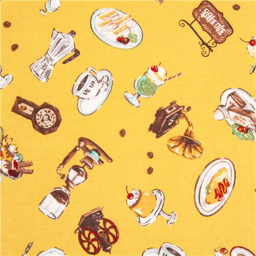 Tissu jaune avec déco alimentaire et vintage gramophone radio omelette sundae Tissu