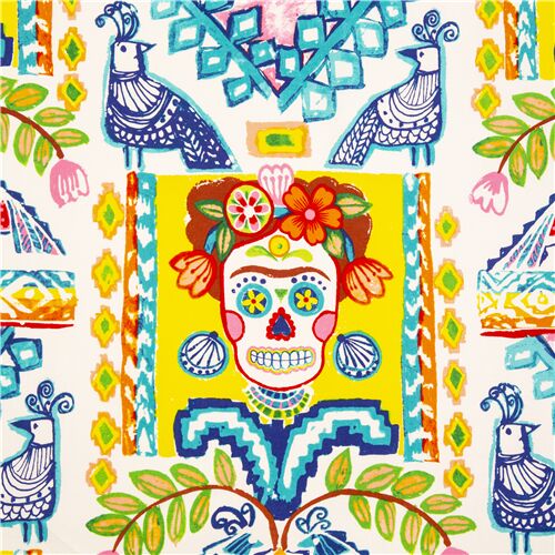 Tissu coton blanc Frida ttes de mort en sucre, oiseaux, fleurs Tissu