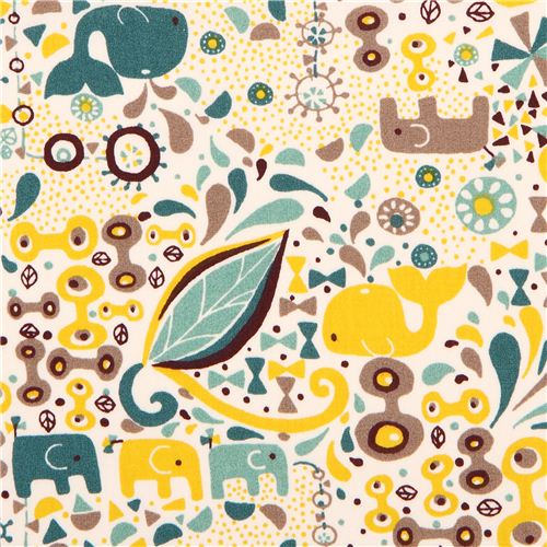 Tissu bio Birch Frolic Boy, baleine, lphant, feuilles-bleu Tissu