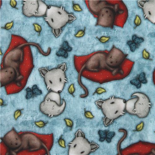 Tela Gorjuss azul con gatos y zorros de Quilting Treasures Tela